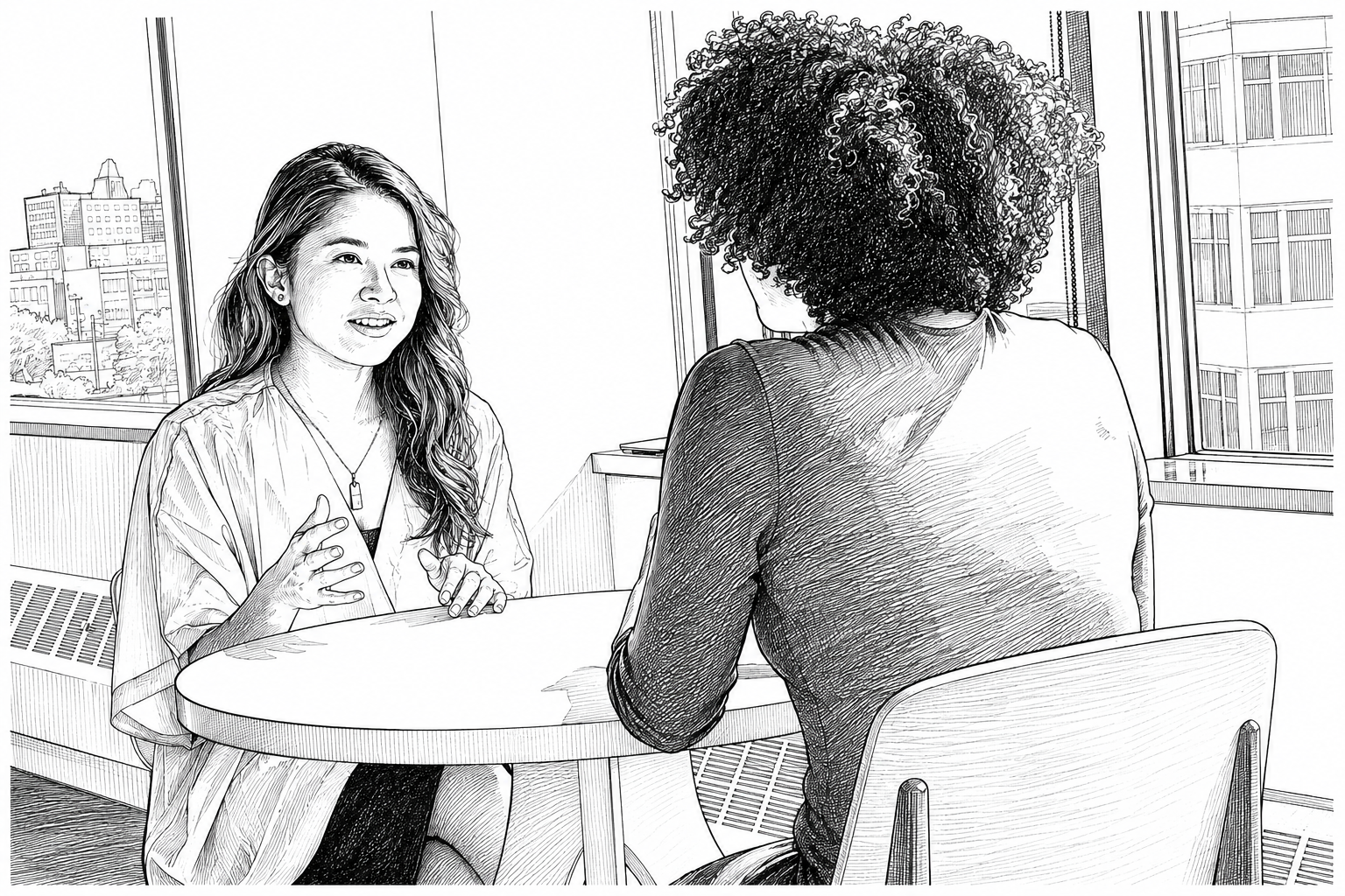 Two teammates in conversation across a table.