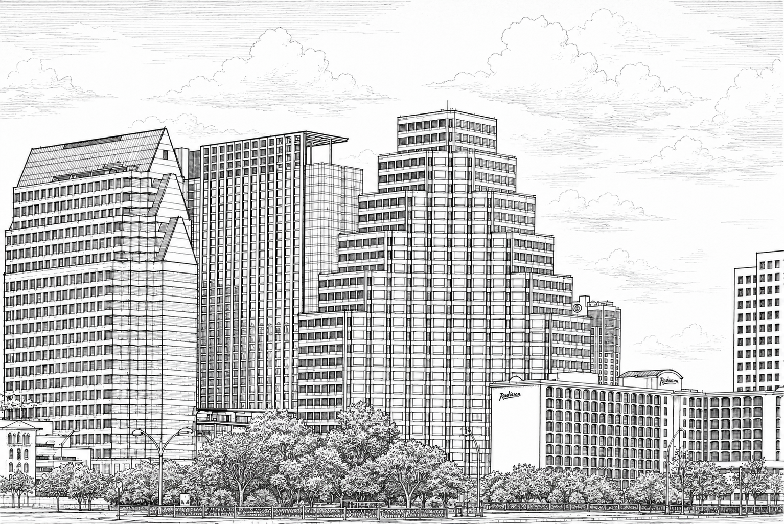 Line drawing of a Texas city skyline.